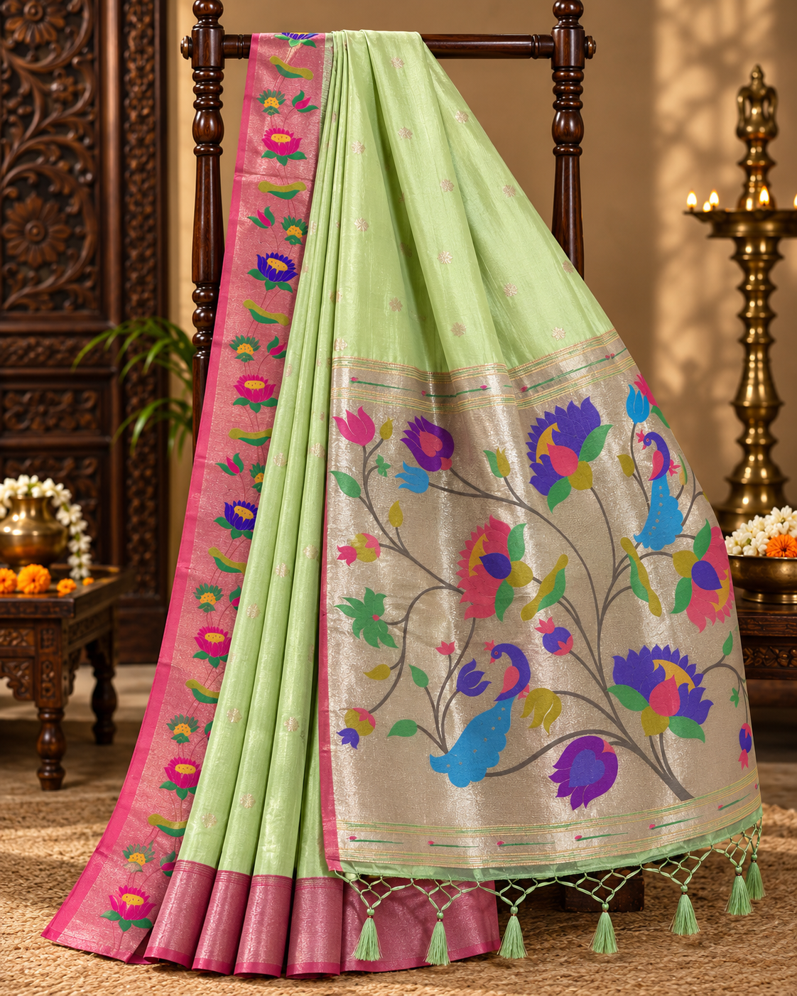 Light Pista Green Colour Semi Paithani Silk Saree with Pink Contrast