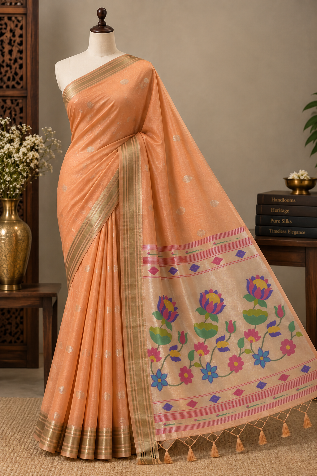 Light Peach Colour Semi Paithani Silk Saree