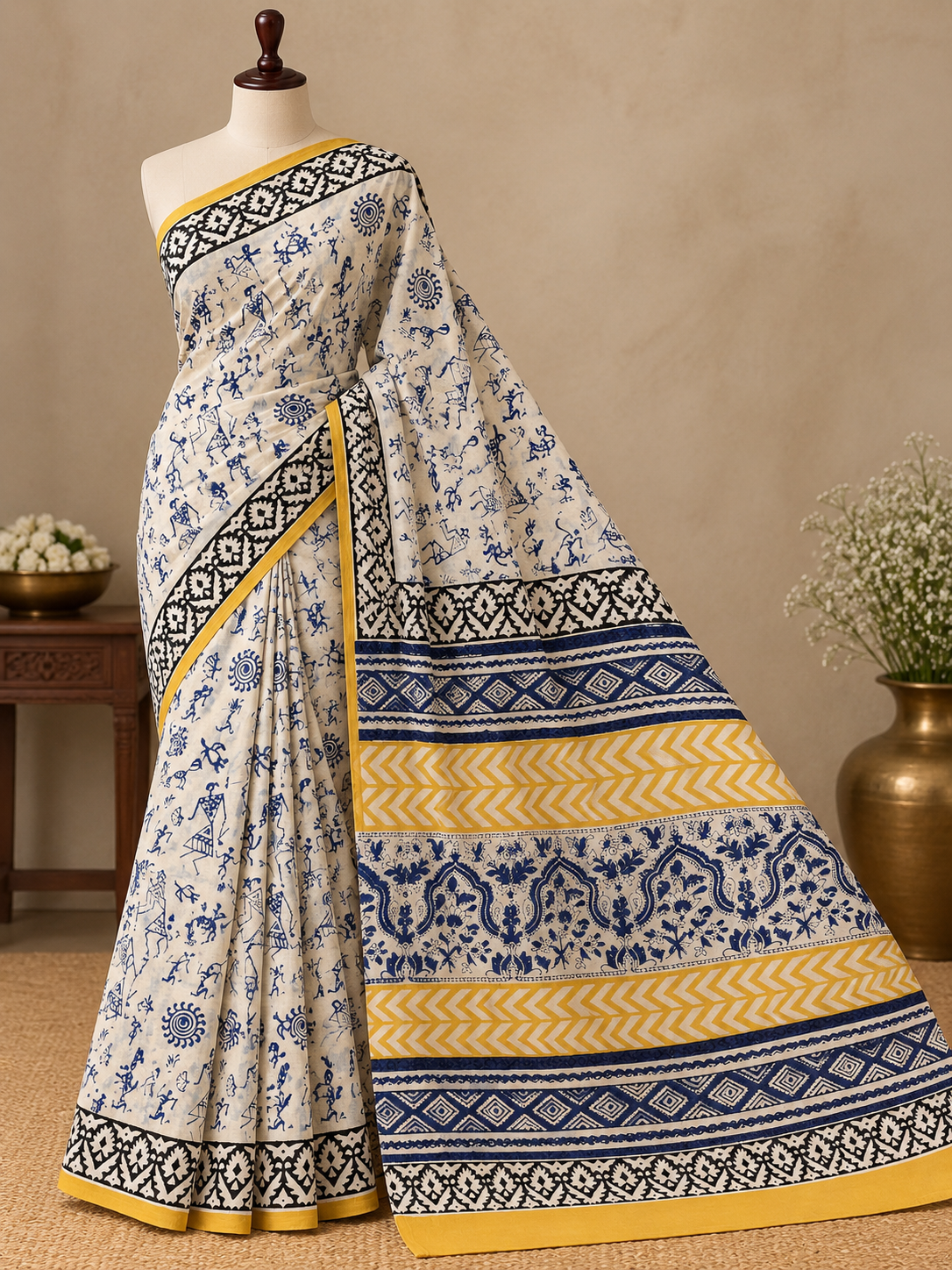 Cotton Cream & Mustard Yellow Contrast Saree