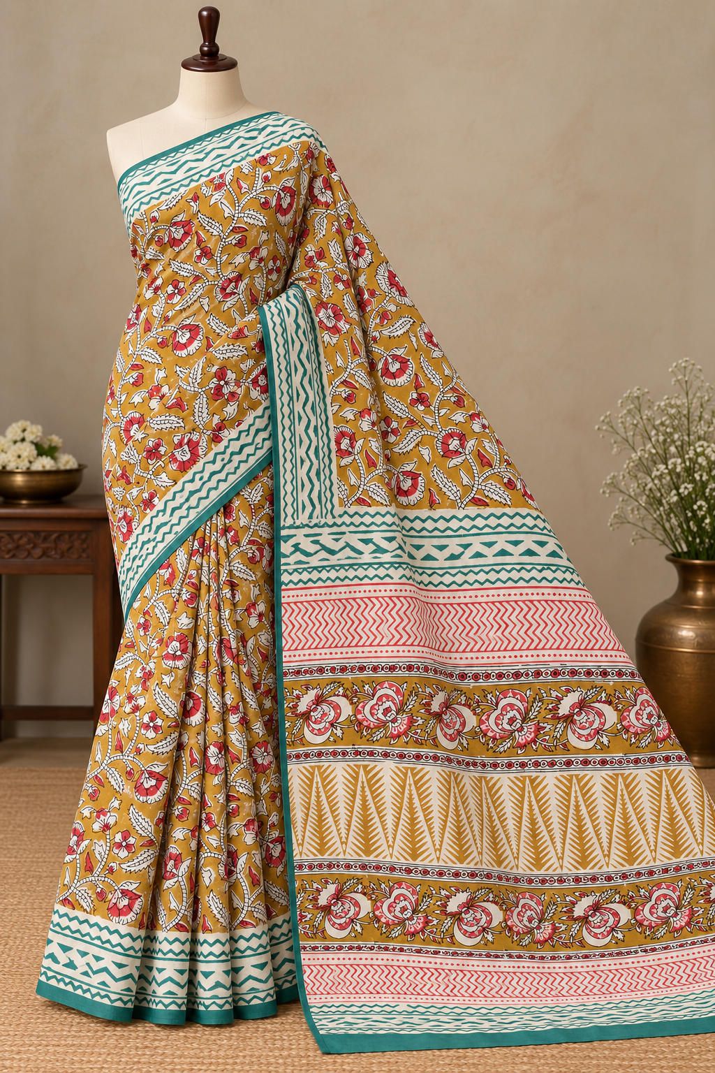 Cotton Mustard Yellow & Teal Contrast Saree