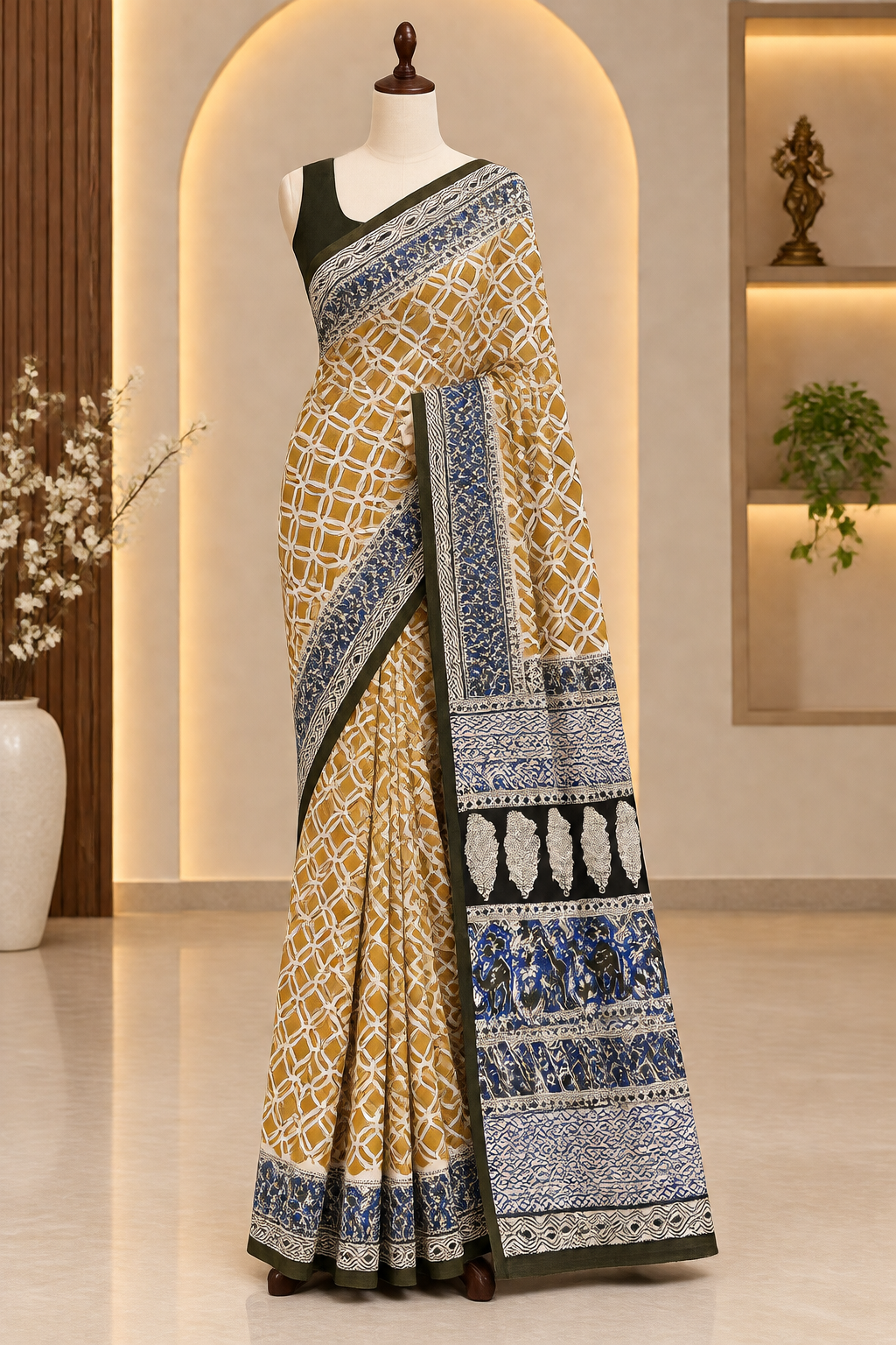 Cotton Cream & Mustard Yellow Contrast Saree