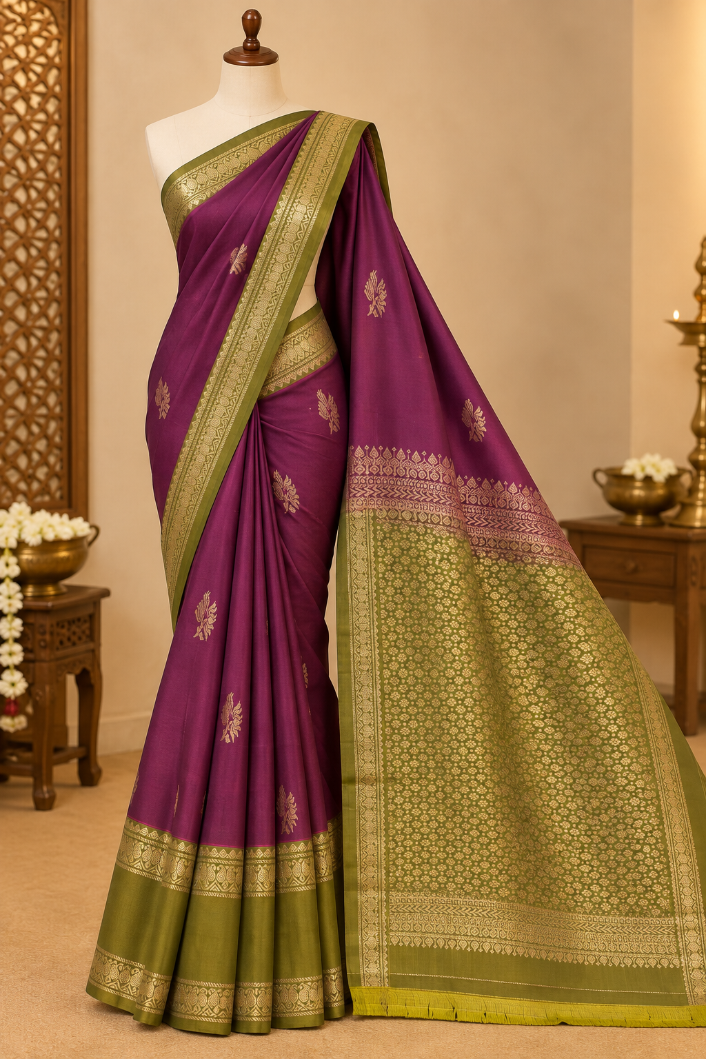 Wine Colour Premium Semi Kanchi Silk Saree with Olive Green Contrast