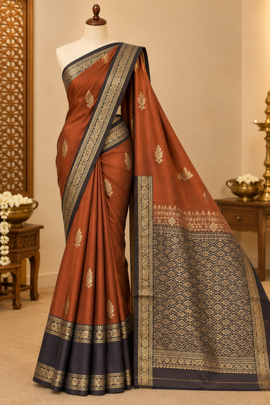 Rust Orange Colour Premium Semi Kanchi Silk Saree with Brown Contrast
