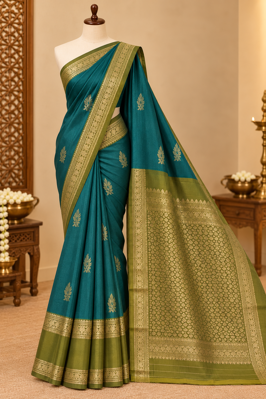 Teal Green Colour Premium Semi Kanchi Silk Saree with Olive Green Contrast