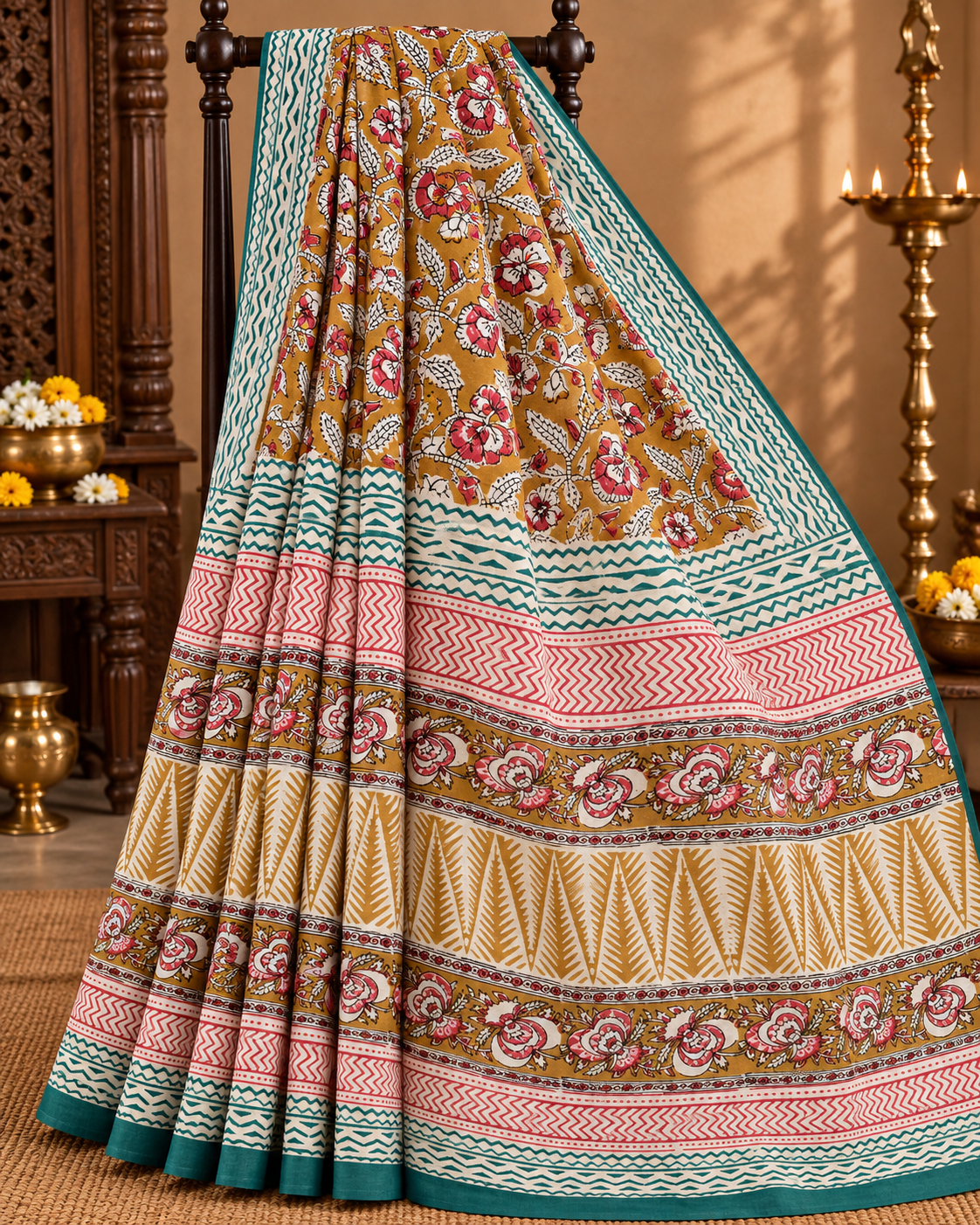 Cotton Mustard Yellow & Teal Contrast Saree