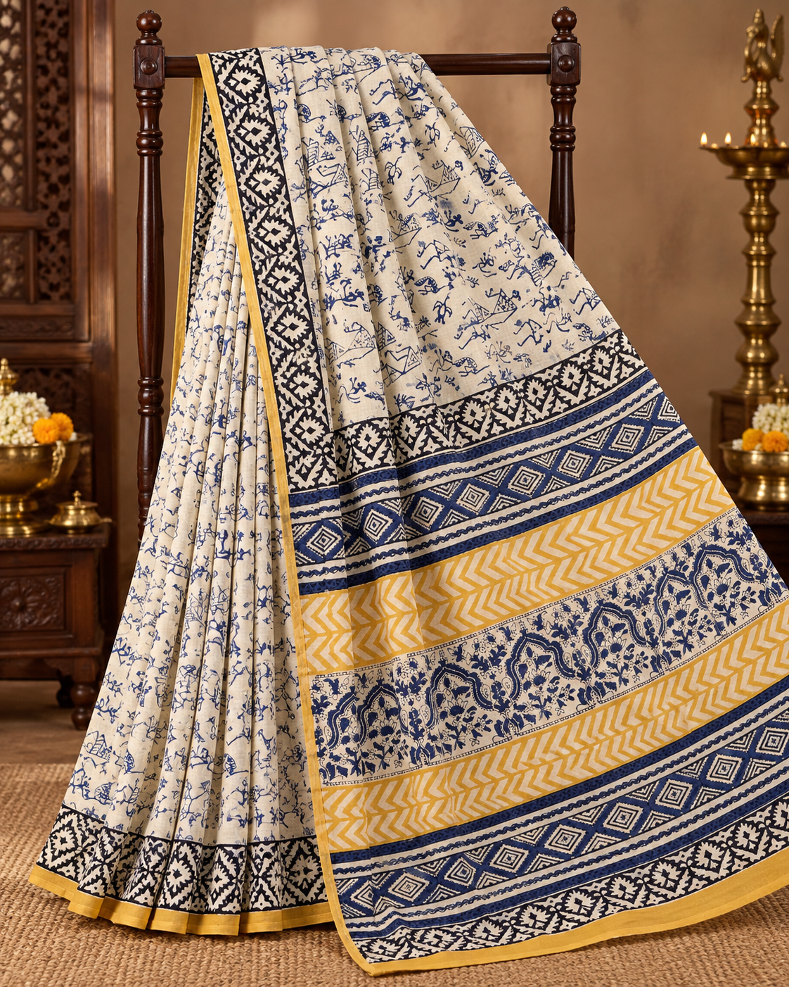 Cotton Cream & Mustard Yellow Contrast Saree