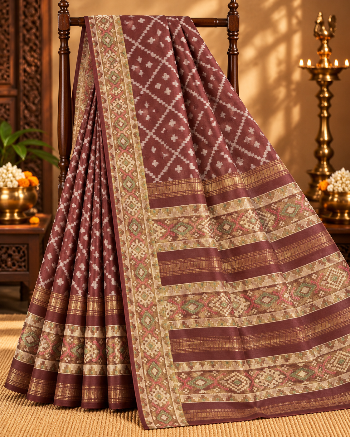 Maroon Colour Raw Silk Ikat Printed Saree
