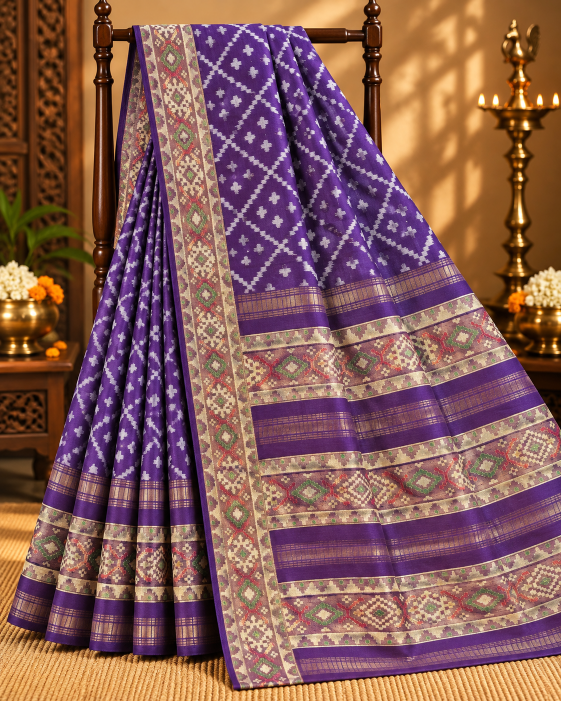 Purple colour Raw Silk Ikat Printed Saree