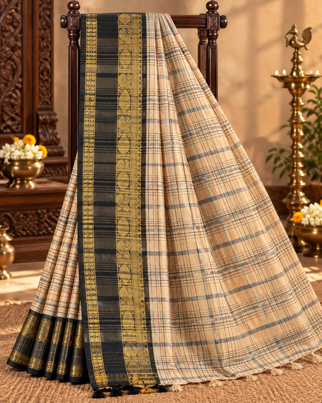 Cream Colour Ilkal Cotton Saree with Black Contrast
