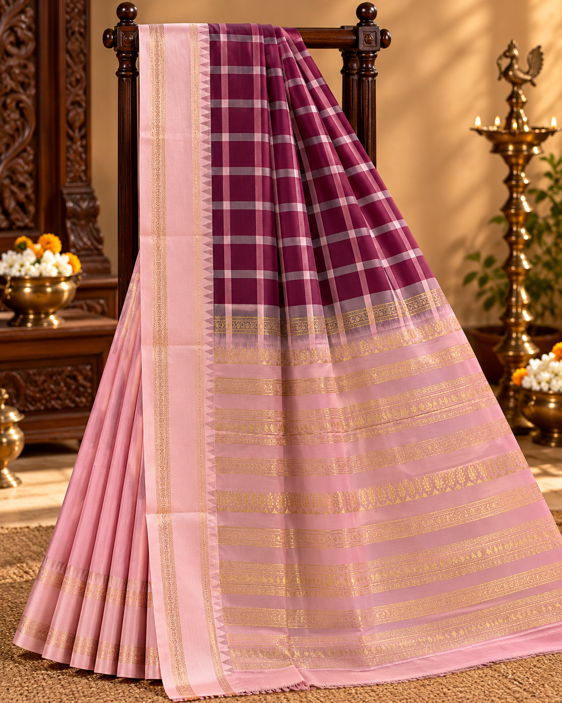 Plum Colour Semi Silk Saree with Light Pink Contrast