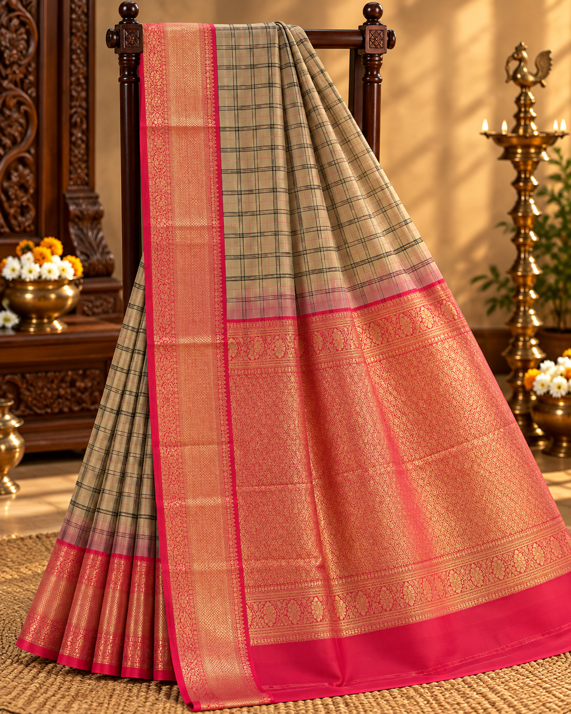 Beige Colour Checked Semi Silk Saree with Pink Contrast