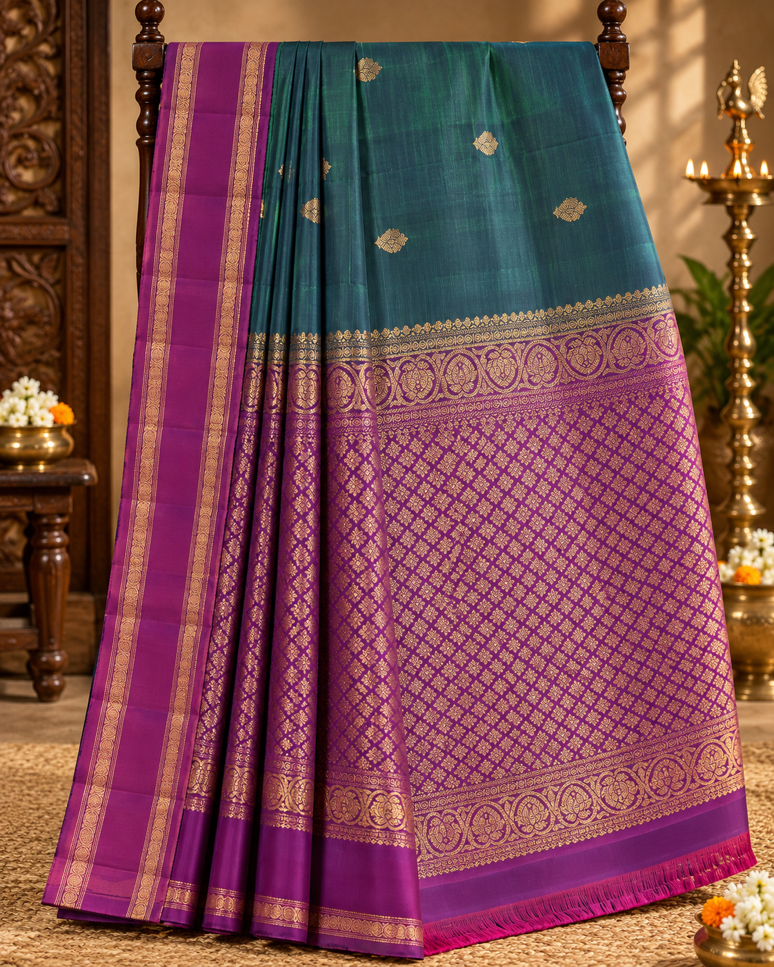 Teal Blue Colour Premium Semi Kanchi Silk Saree with Purple Contrast