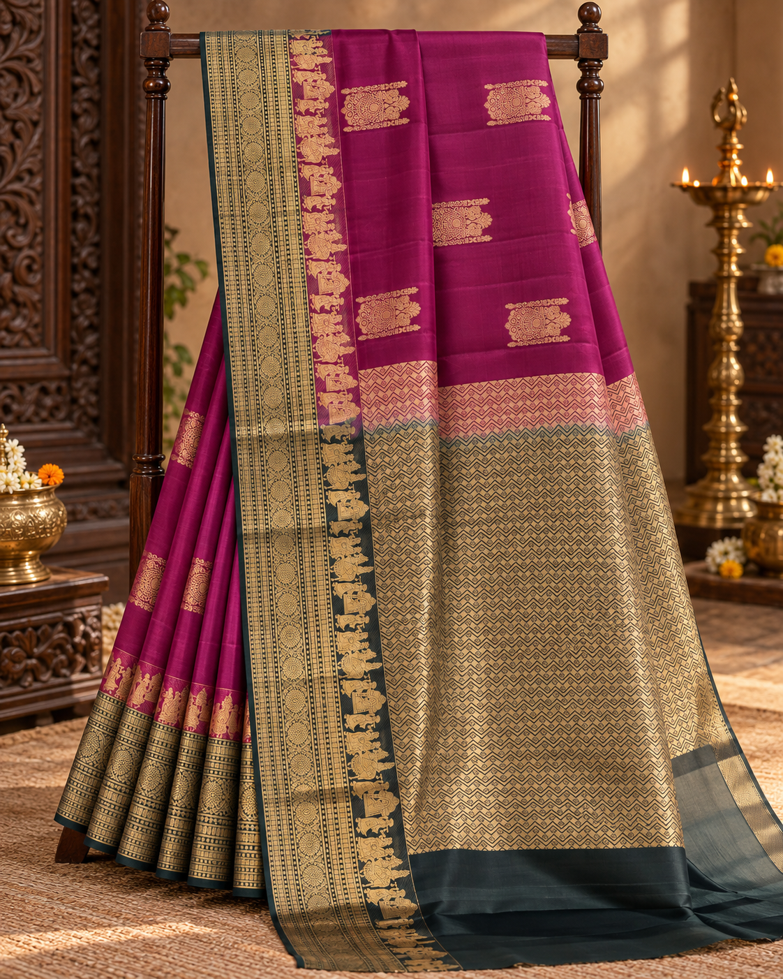 Magenta Colour Premium Semi Kanchi Silk Saree with Dark Green Contrast