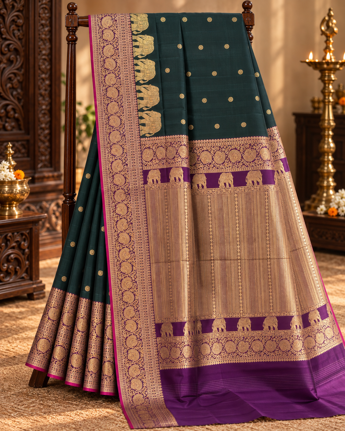Green Colour Premium Semi Kanchi Silk Saree with Purple Contrast