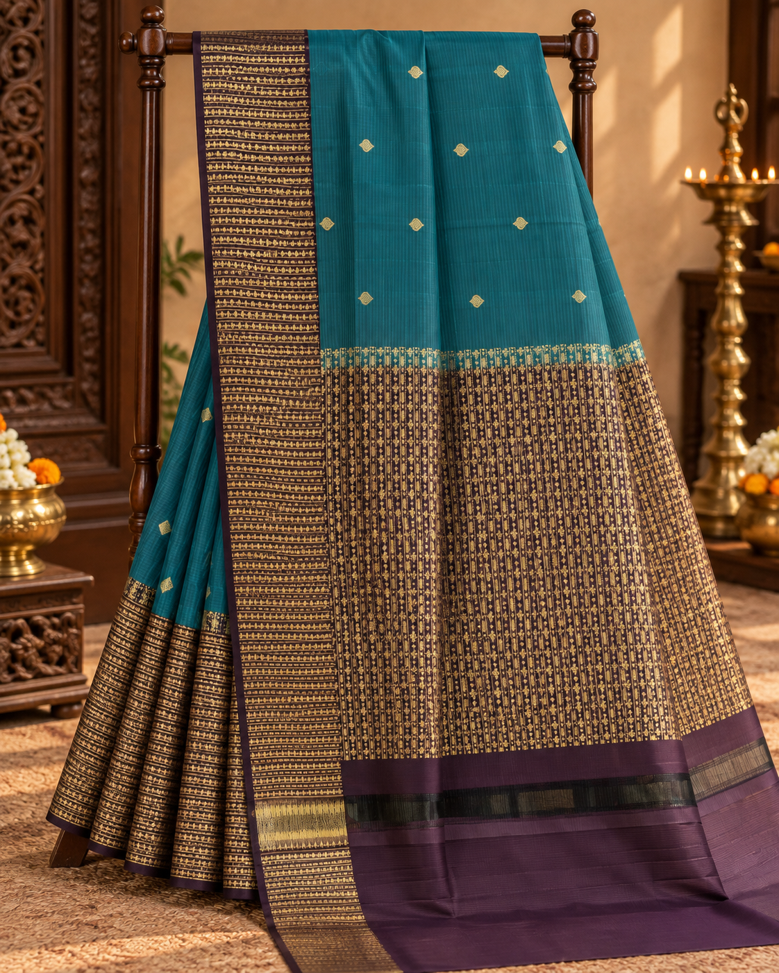 Dark Teal Colour Premium Semi Kanchi Silk Saree with Brown Contrast