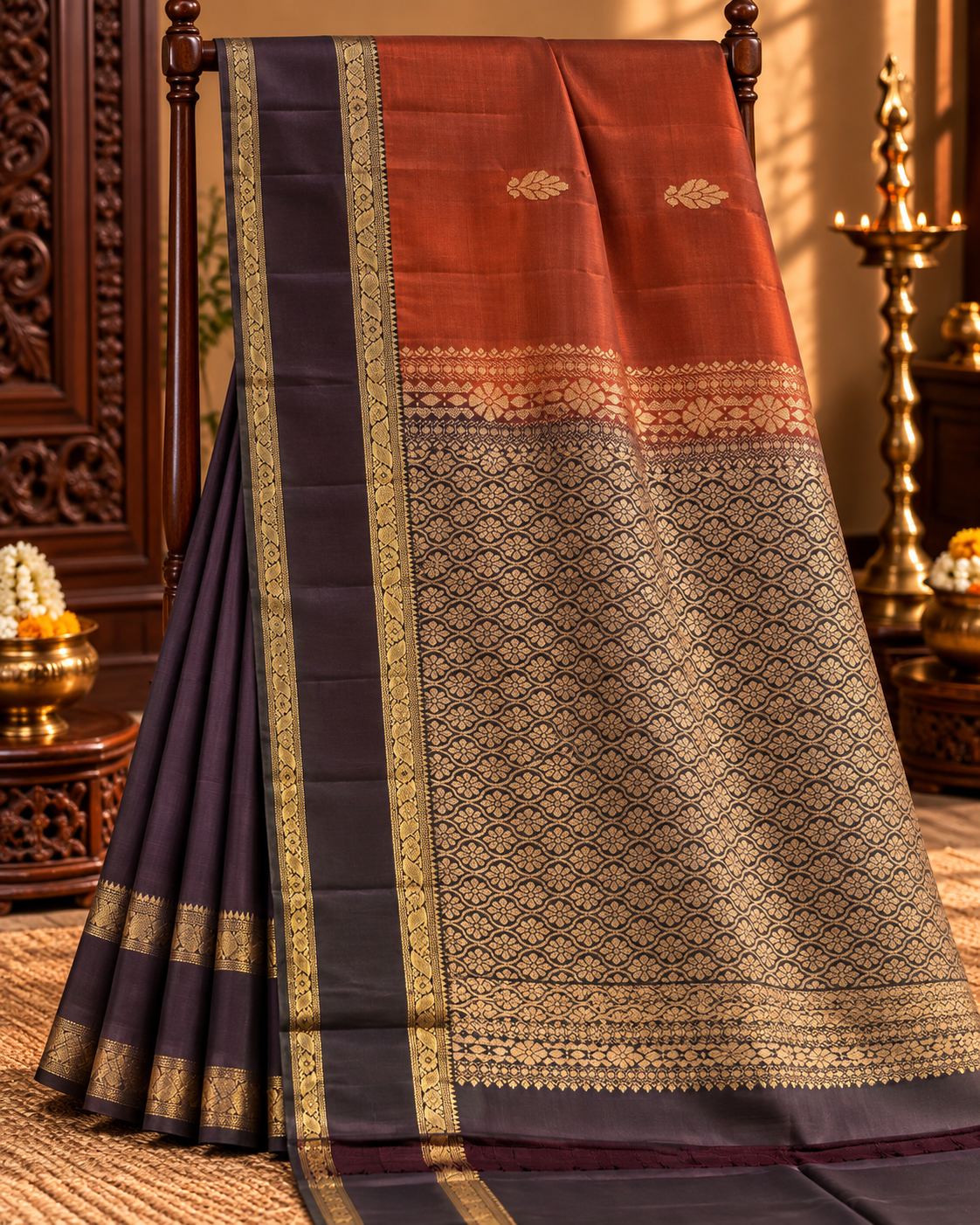 Rust Orange Colour Premium Semi Kanchi Silk Saree with Brown Contrast