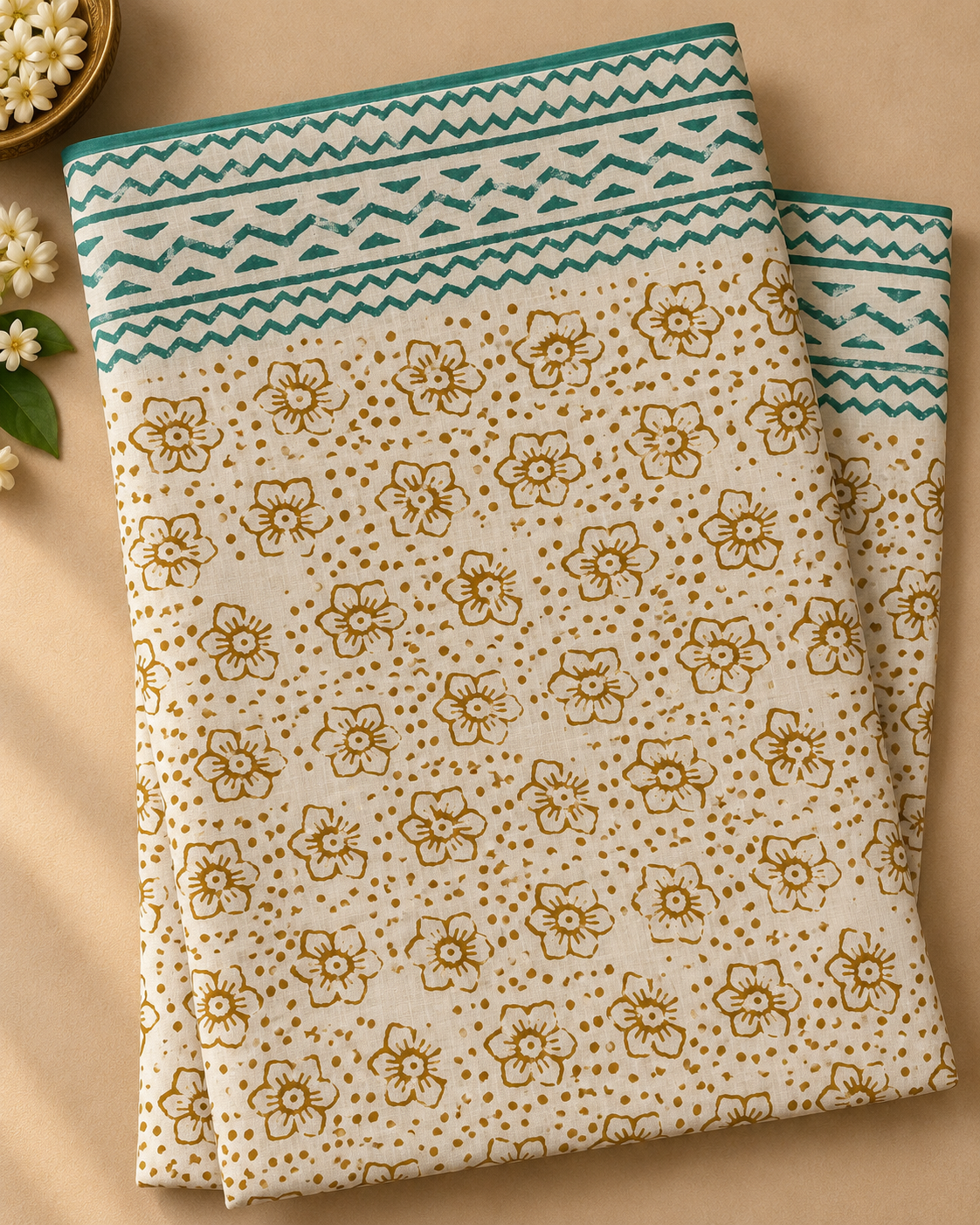 Cotton Mustard Yellow & Teal Contrast Saree