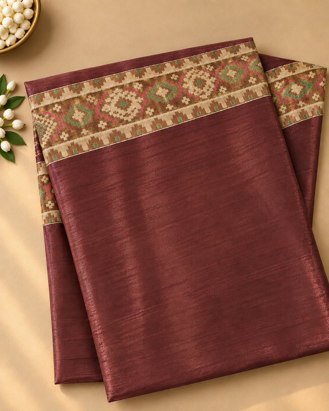 Maroon Colour Raw Silk Ikat Printed Saree