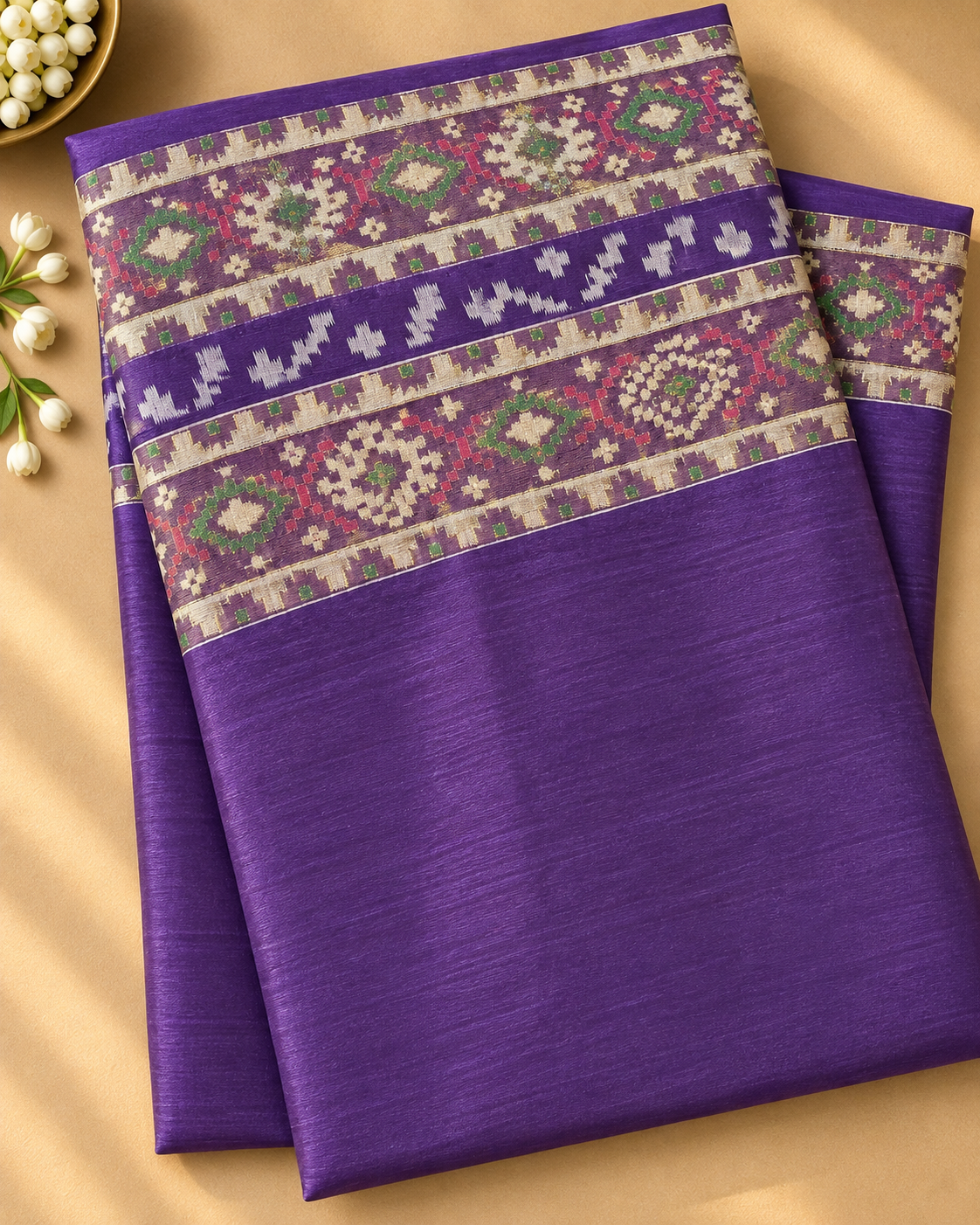 Purple colour Raw Silk Ikat Printed Saree