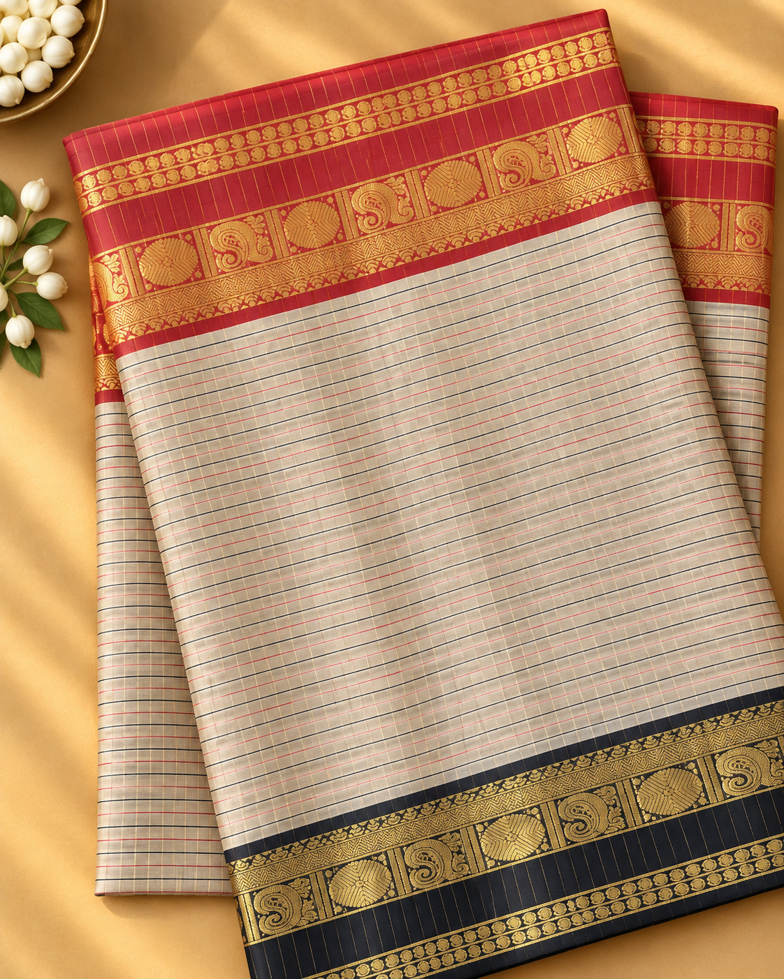 Cream Colour Ilkal Cotton Saree with Black Contrast