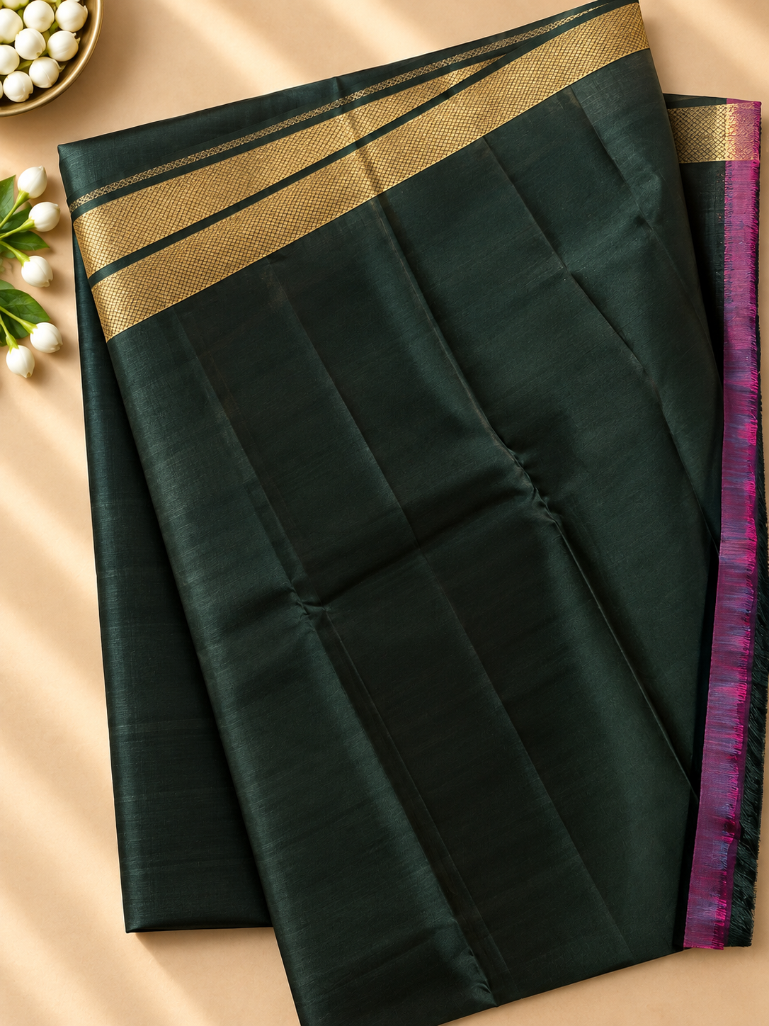 Magenta Colour Premium Semi Kanchi Silk Saree with Dark Green Contrast