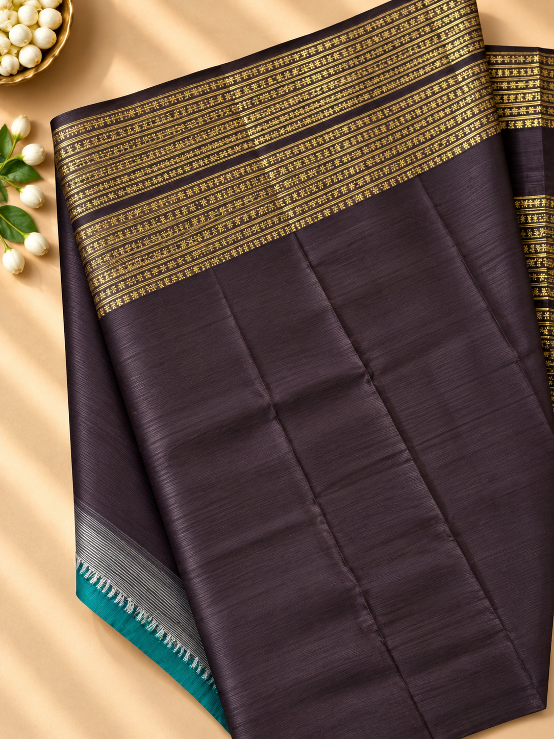 Dark Teal Colour Premium Semi Kanchi Silk Saree with Brown Contrast