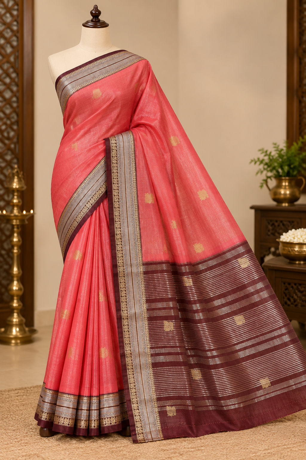 Coral Pink Colour Crepe Silk Saree with Maroon Contrast