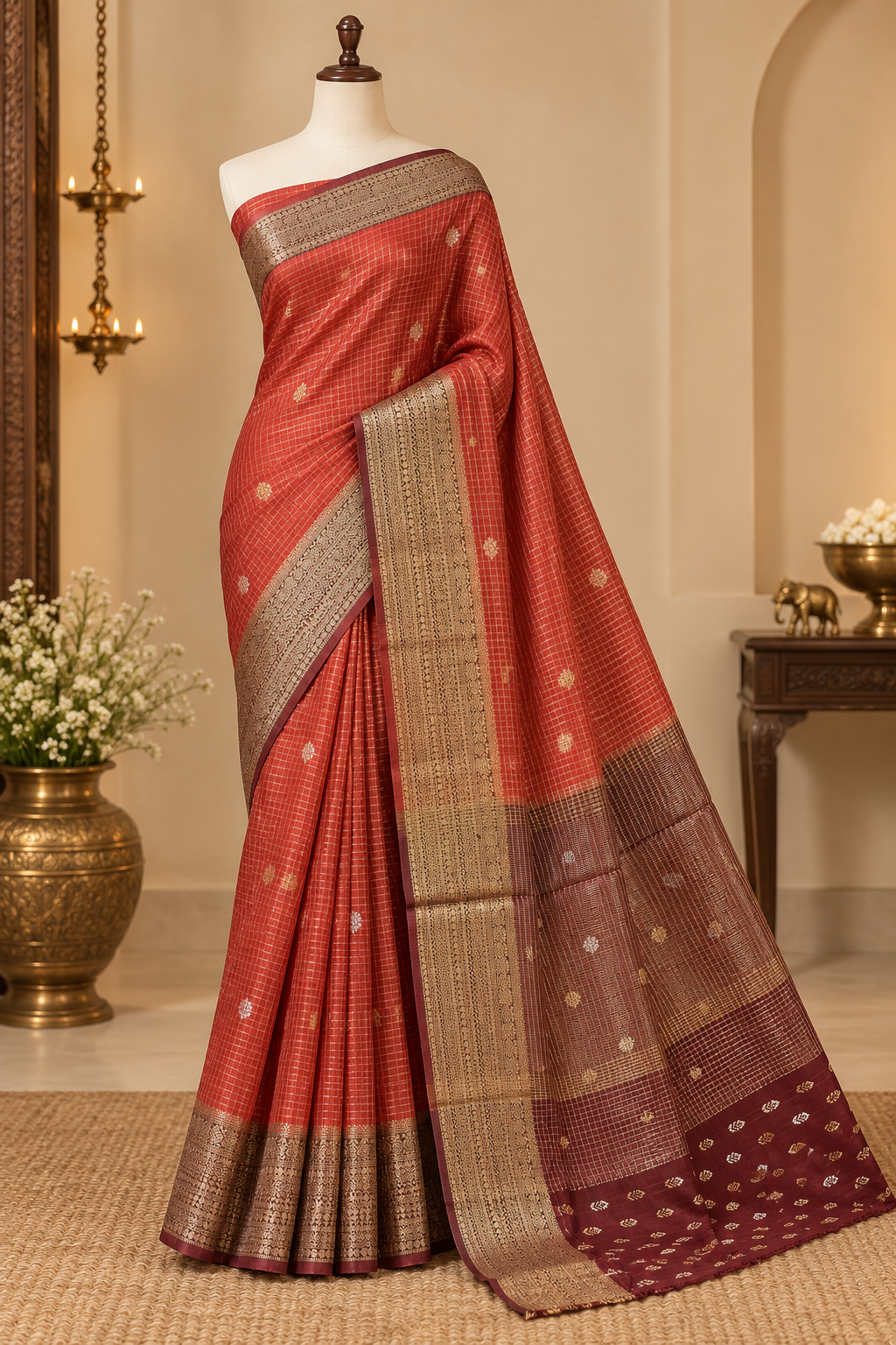 Rust Orange Colour Semi Crepe Silk Saree with Brown Contrast