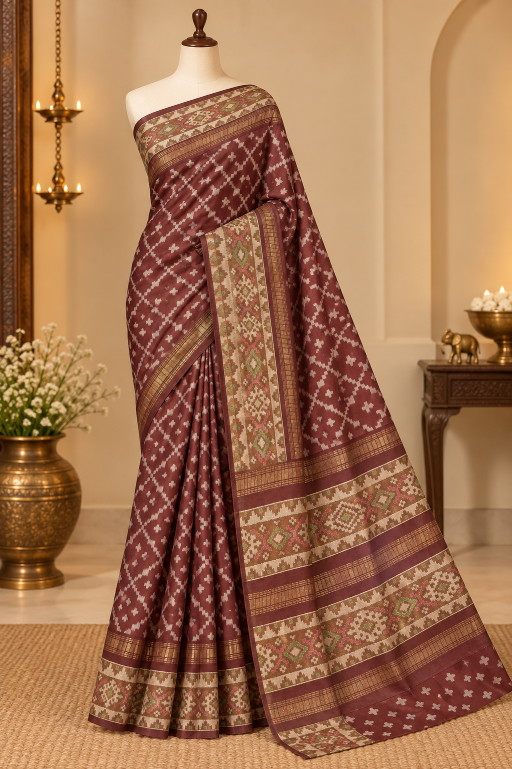 Maroon Colour Raw Silk Ikat Printed Saree