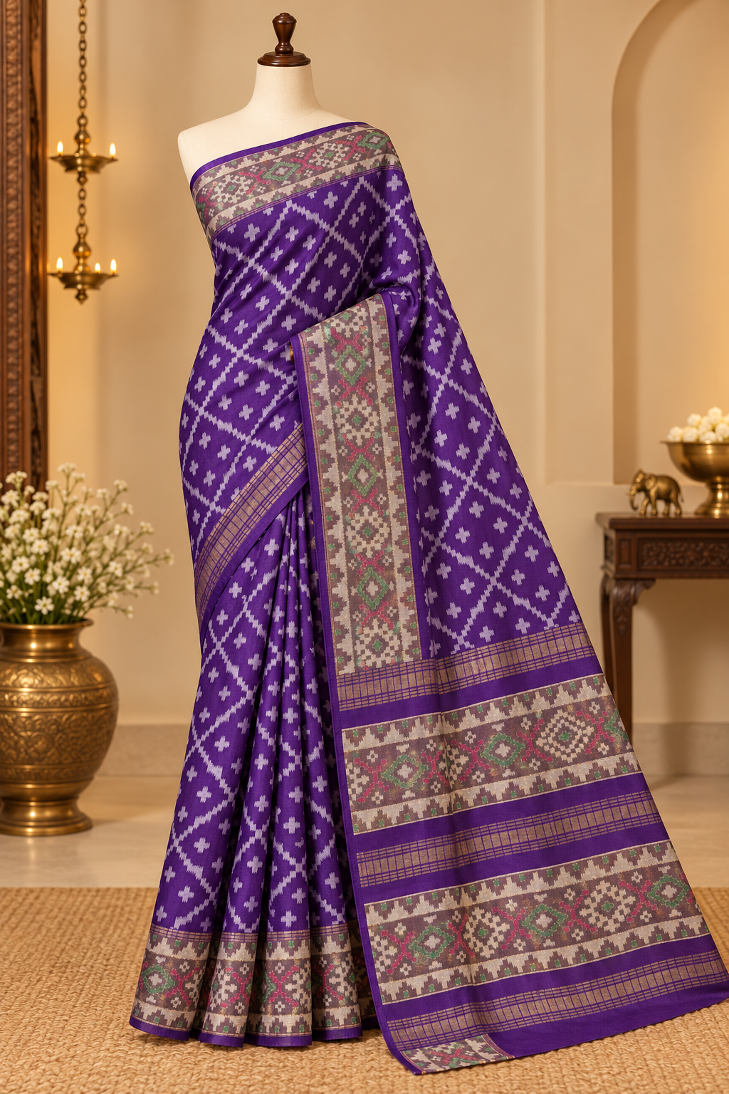 Purple colour Raw Silk Ikat Printed Saree