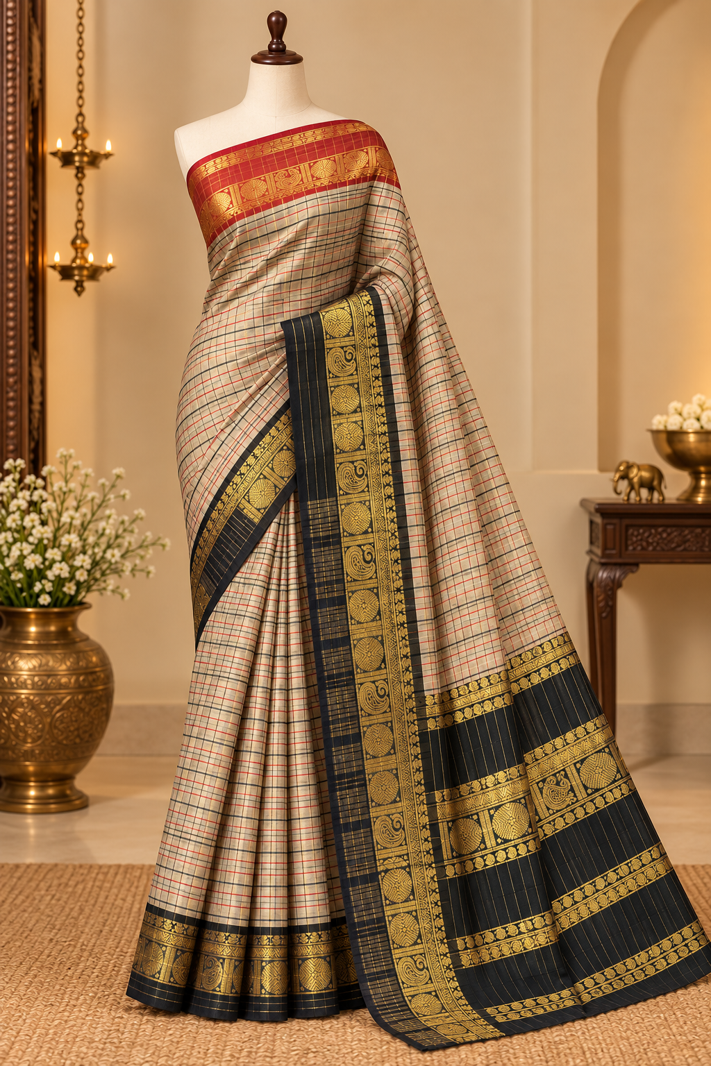 Cream Colour Ilkal Cotton Saree with Black Contrast