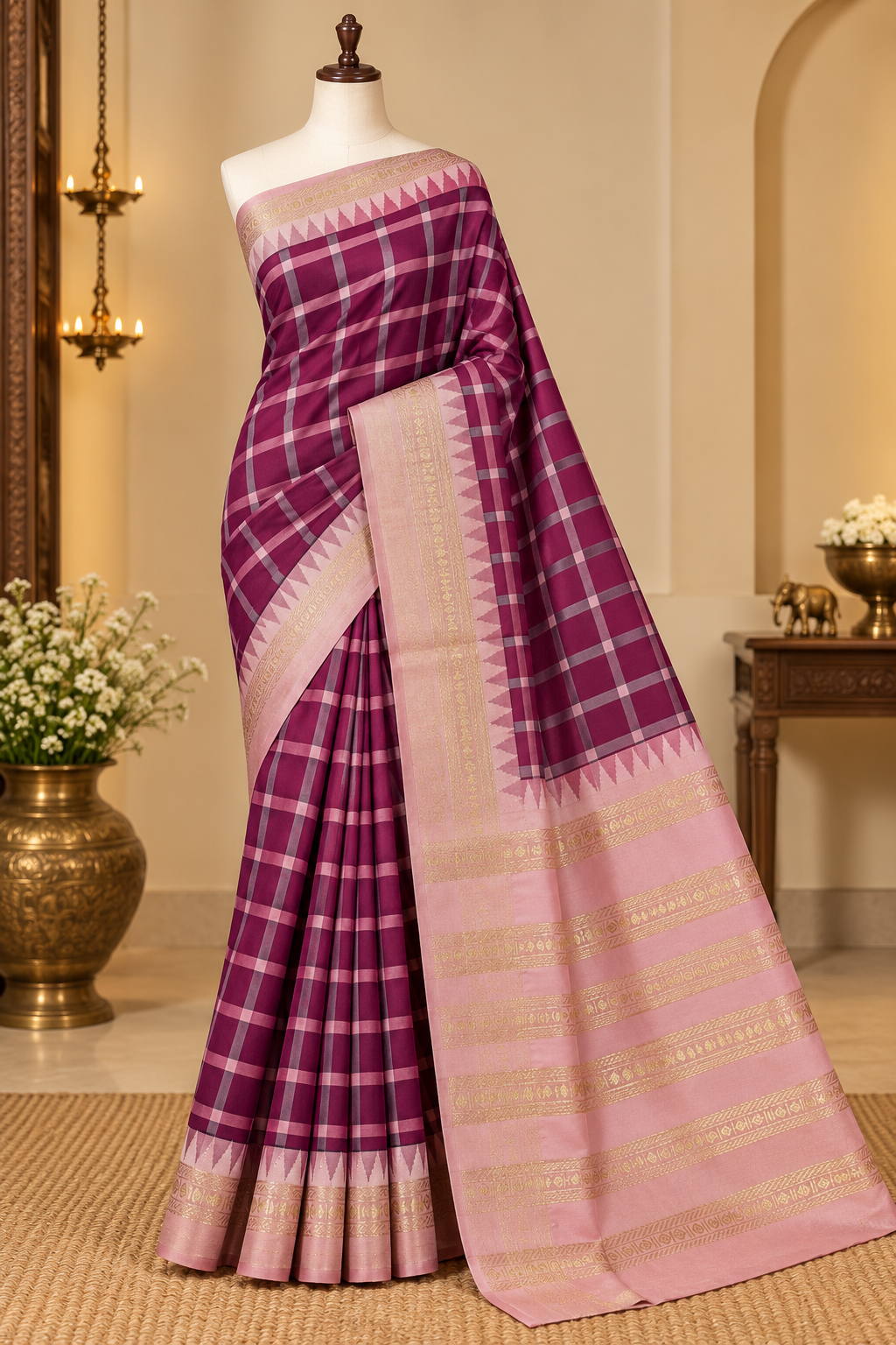 Plum Colour Semi Silk Saree with Light Pink Contrast