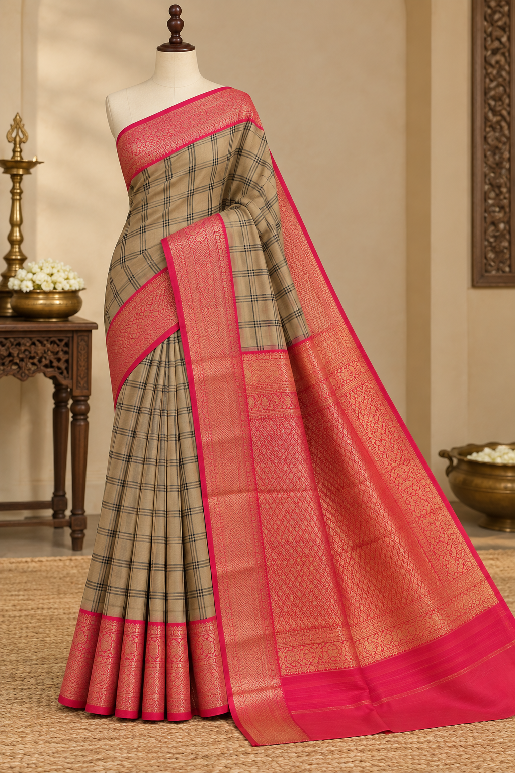 Beige Colour Checked Semi Silk Saree with Pink Contrast