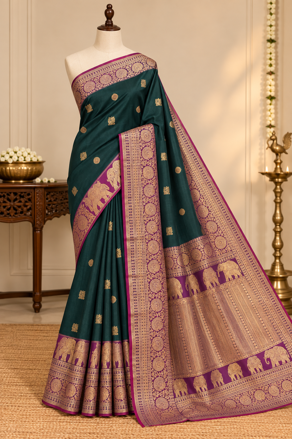 Green Colour Premium Semi Kanchi Silk Saree with Purple Contrast