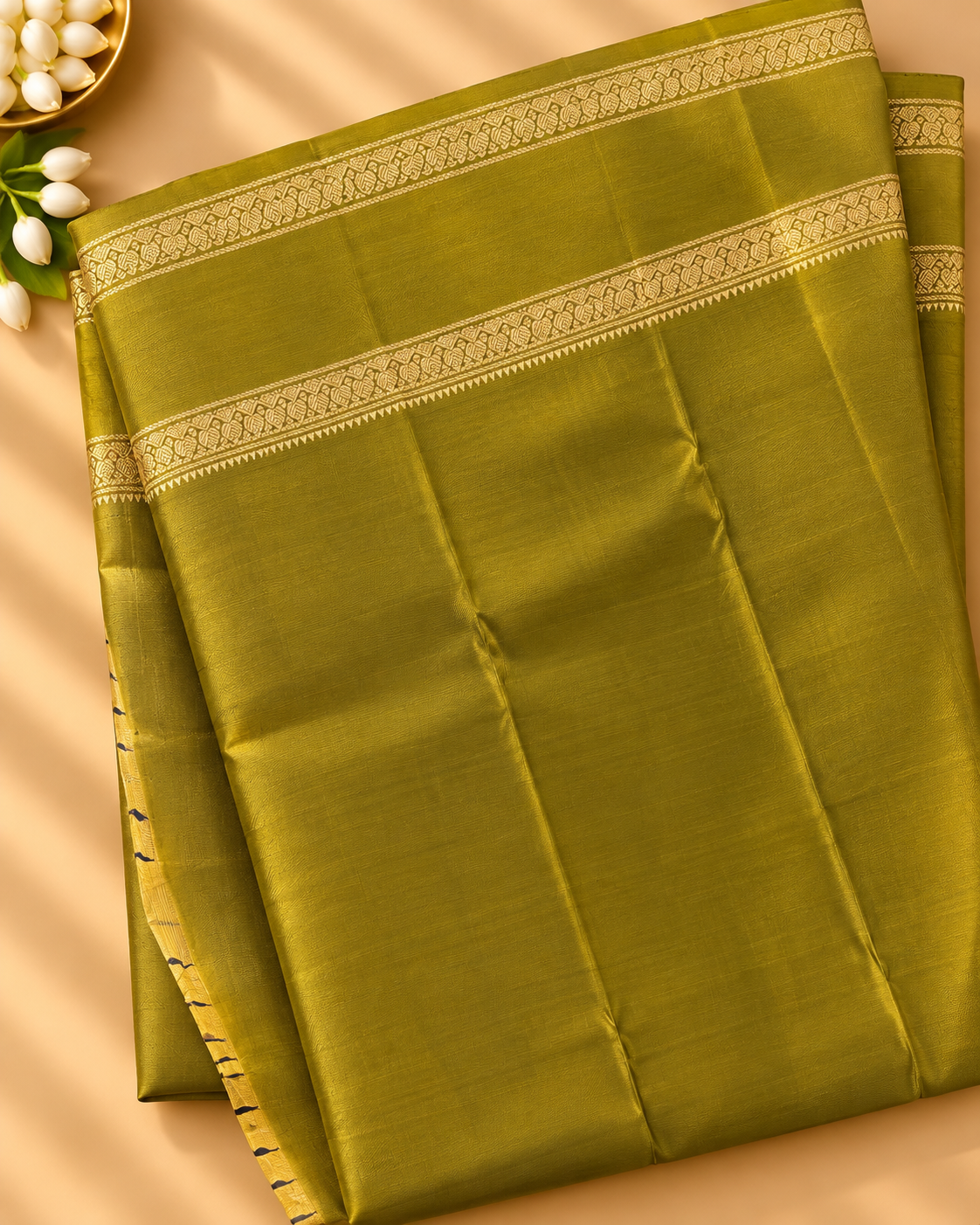 Maroon Colour Premium Semi Kanchi Silk Saree with Olive Green Contrast