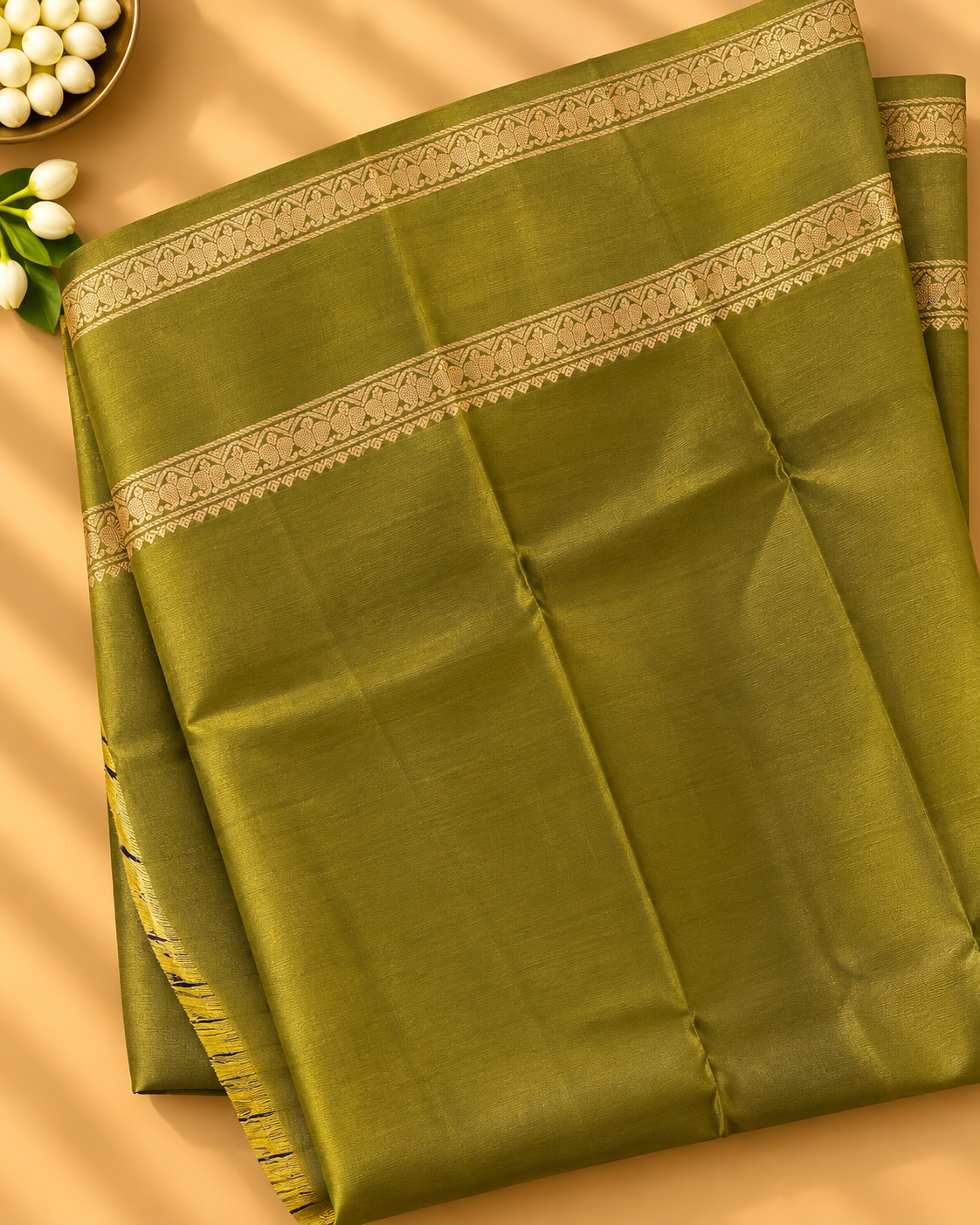 Wine Colour Premium Semi Kanchi Silk Saree with Olive Green Contrast