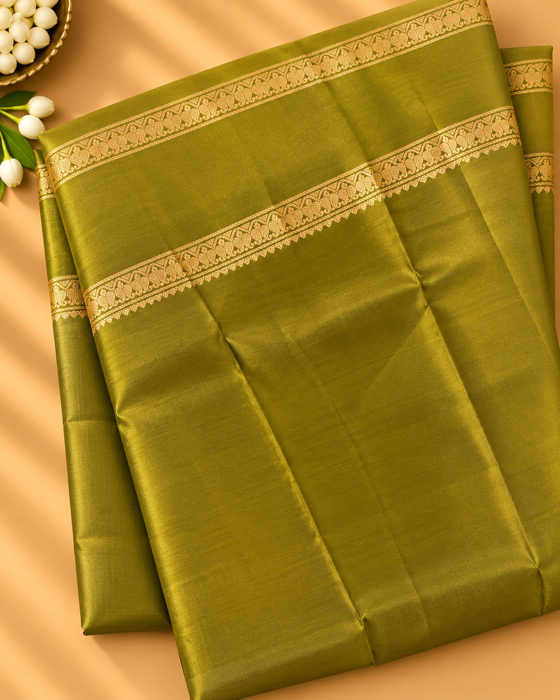 Teal Green Colour Premium Semi Kanchi Silk Saree with Olive Green Contrast