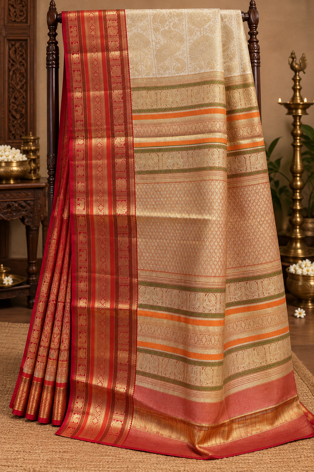 Cream colour Pure Kanjivaram Silk Saree with Red contrast