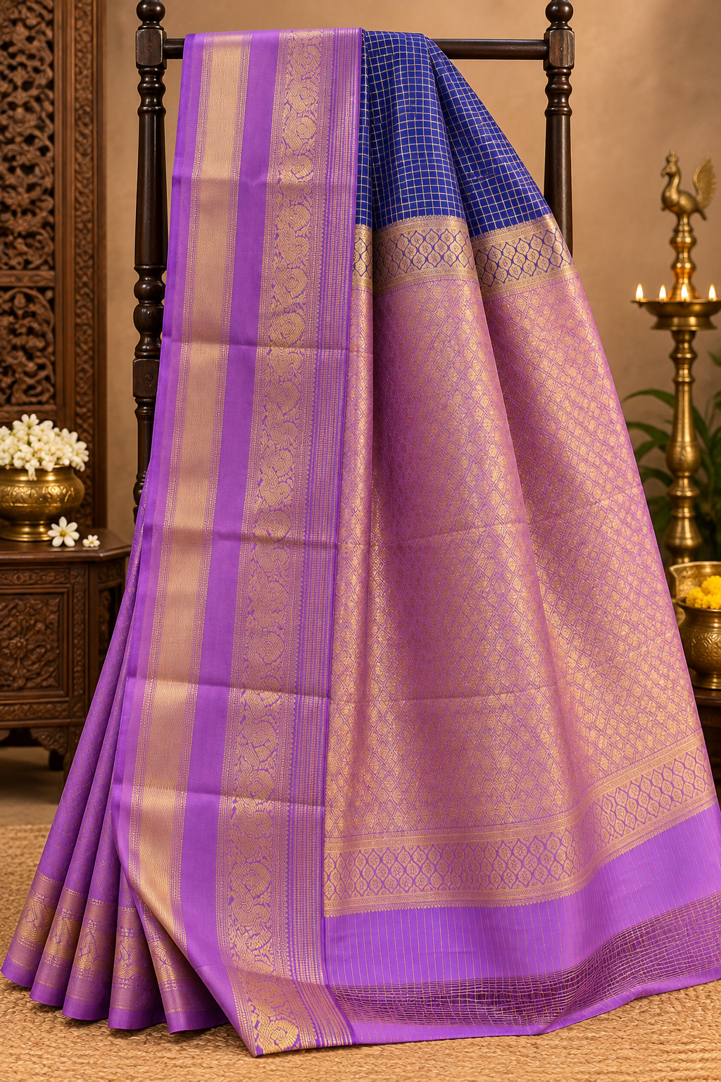 Royal Blue Colour Checked Semi Silk Saree with Lavender Contrast