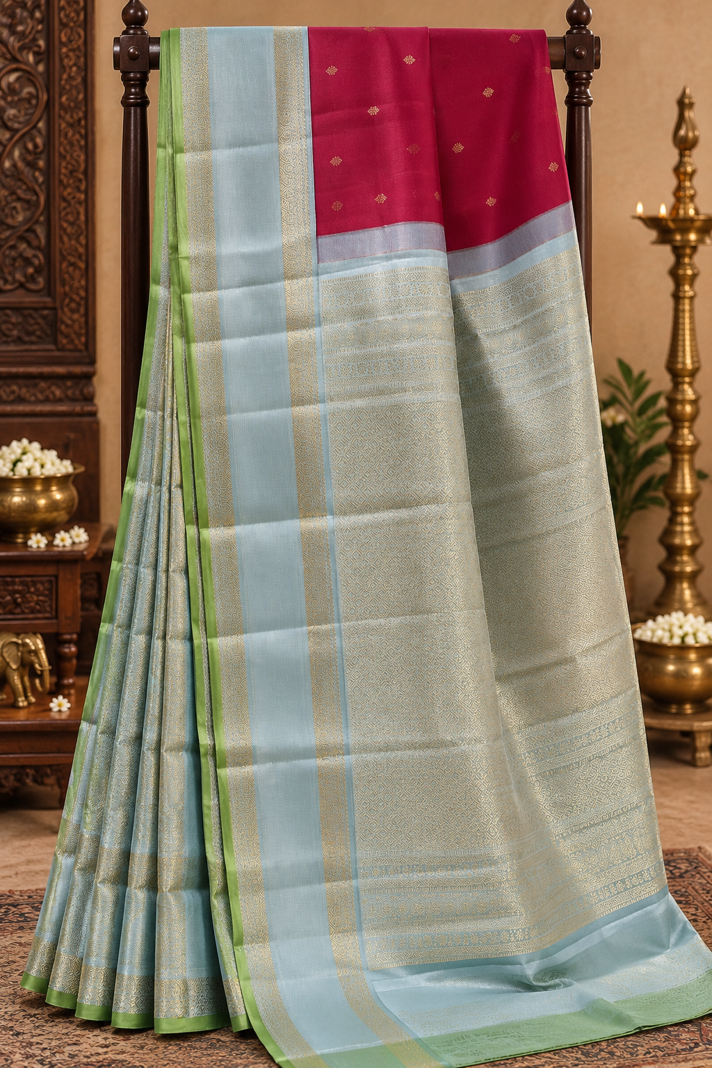 Rani Pink colour Pure Kanjivaram Silk Saree with Mint Green contrast