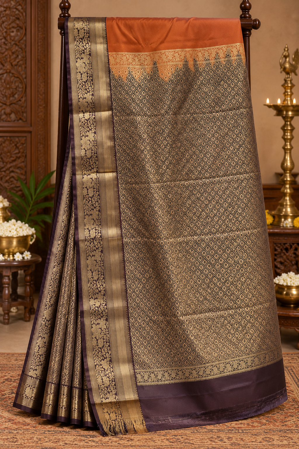 Rust Orange Colour Semi Silk Saree with Brown Contrast