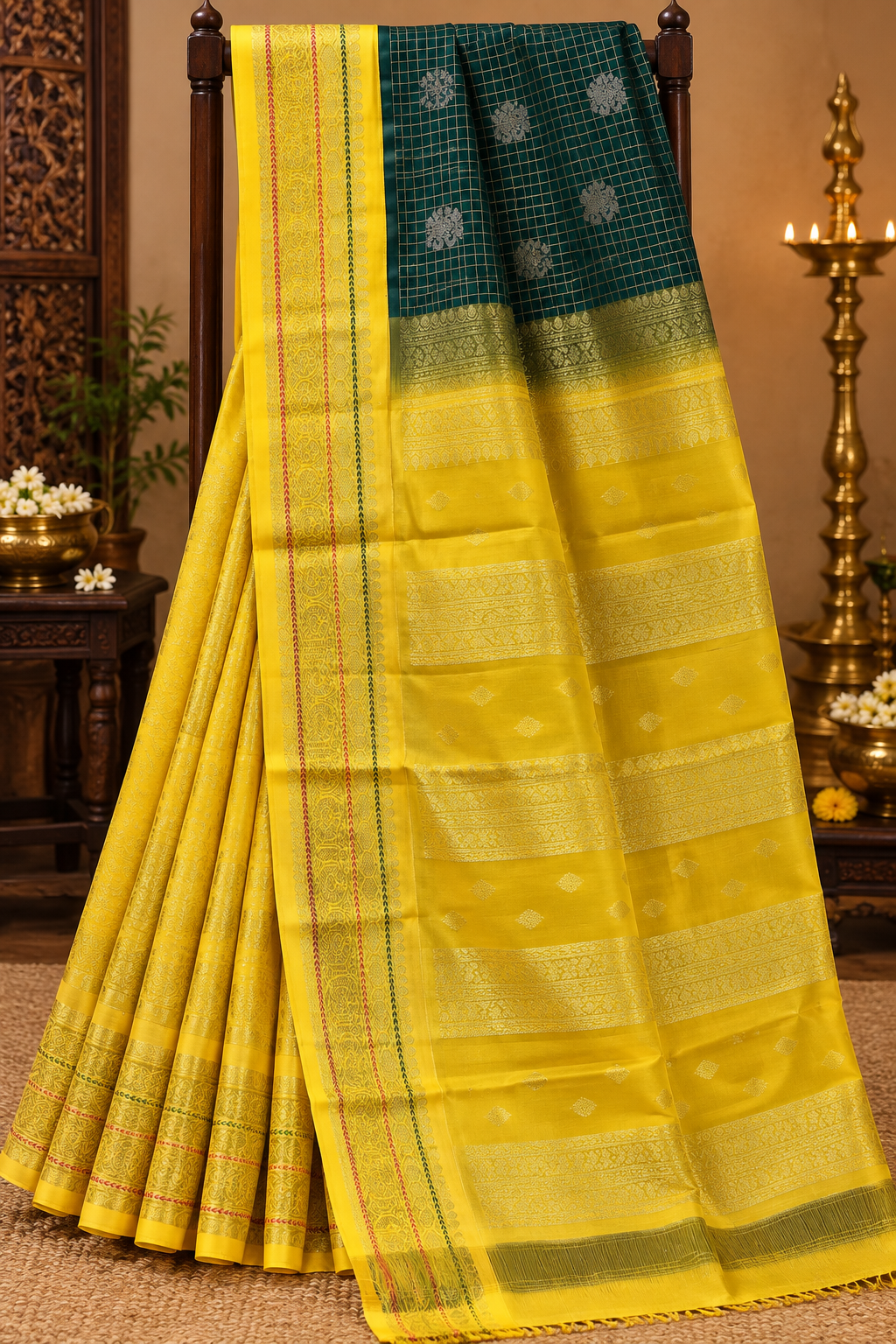 Dark Green colour Pure Kanjivaram Silk Saree with Yellow contrast nss001
