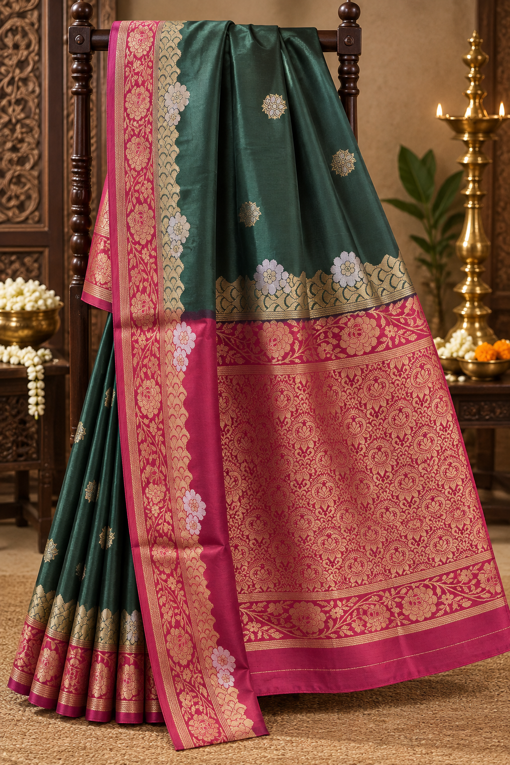 Bottle Green  Colour Viscose Crepe Saree with Rani Pink Contrast