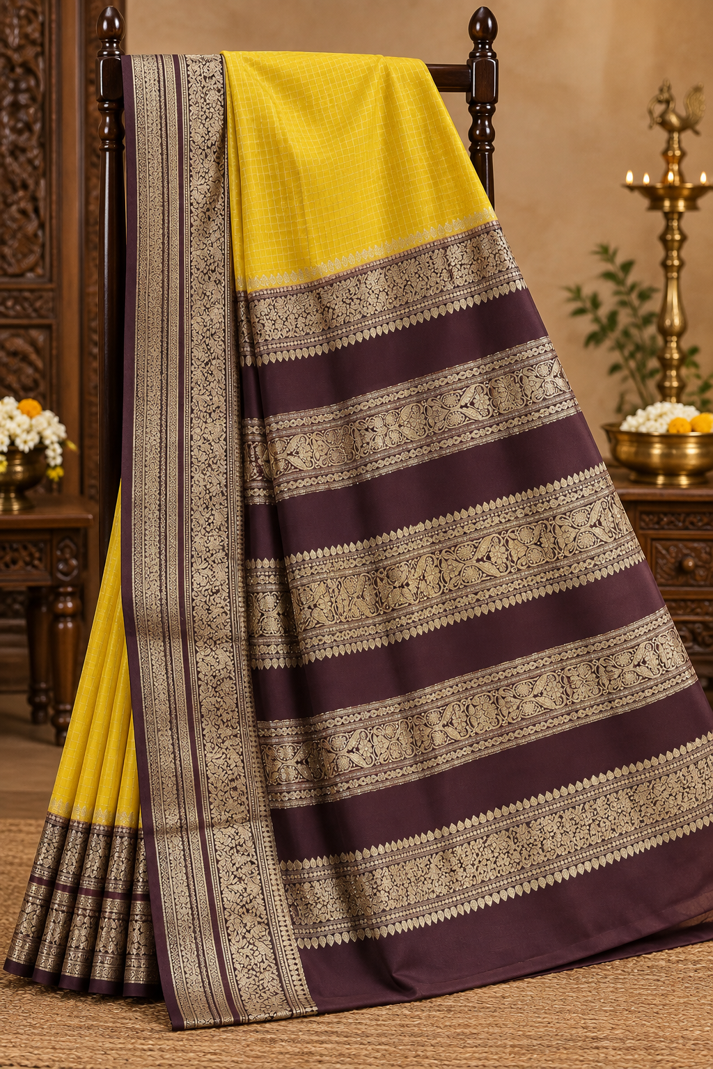 Mustard Yellow colour Semi Crepe Silk Saree with Maroon Contrast