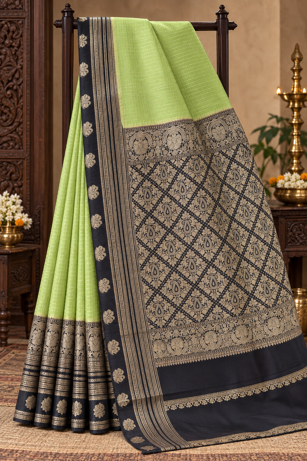 Light Green colour Semi Crepe Silk Saree with Black Contrast