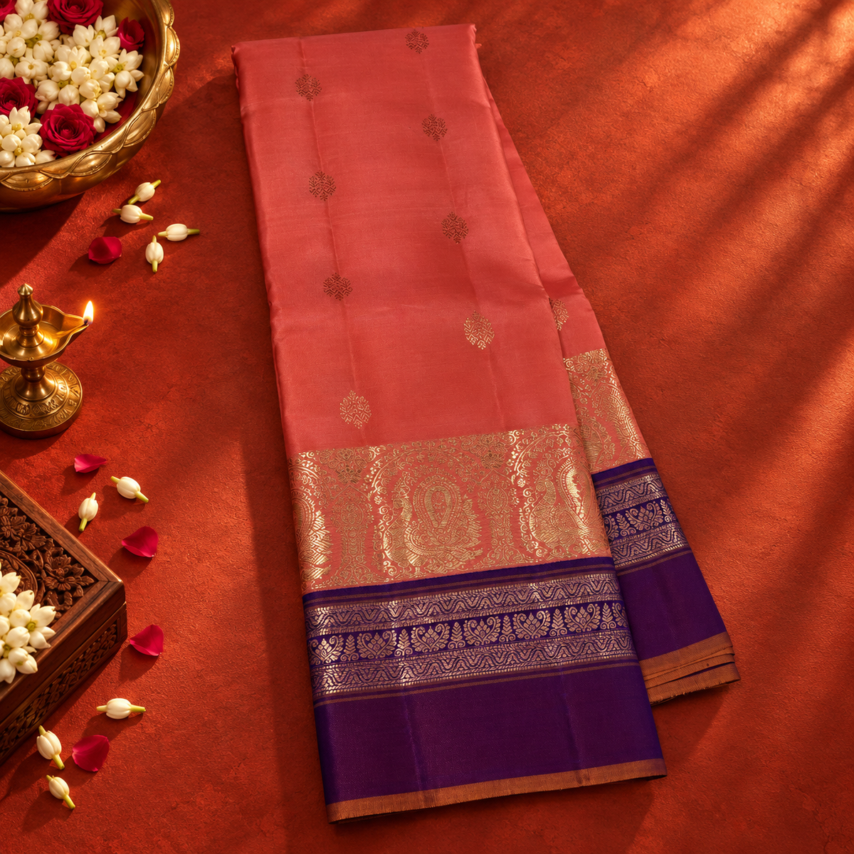 Coral Pink Colour Leela Verse Kanchipuram Silk Saree with Royal Purple Contrast NSSL03