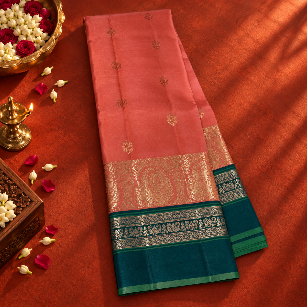 Coral Pink Colour Leela Verse Pure Kanchipuram Silk Saree with Teal Blue Contrast NSSL10
