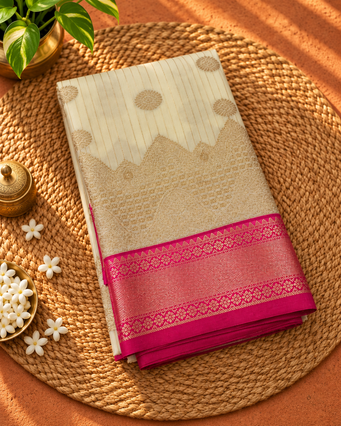 Ivory Colour Semi Silk Saree with Pink Contrast