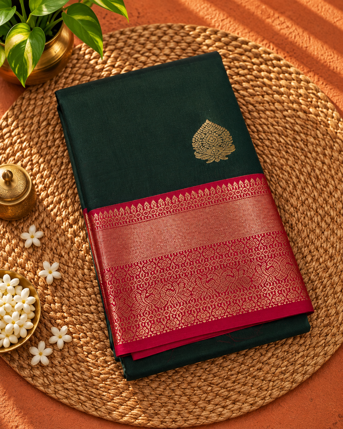 Emerald Green Colour Semi Kanchipuram  Silk Saree with Pink Contrast