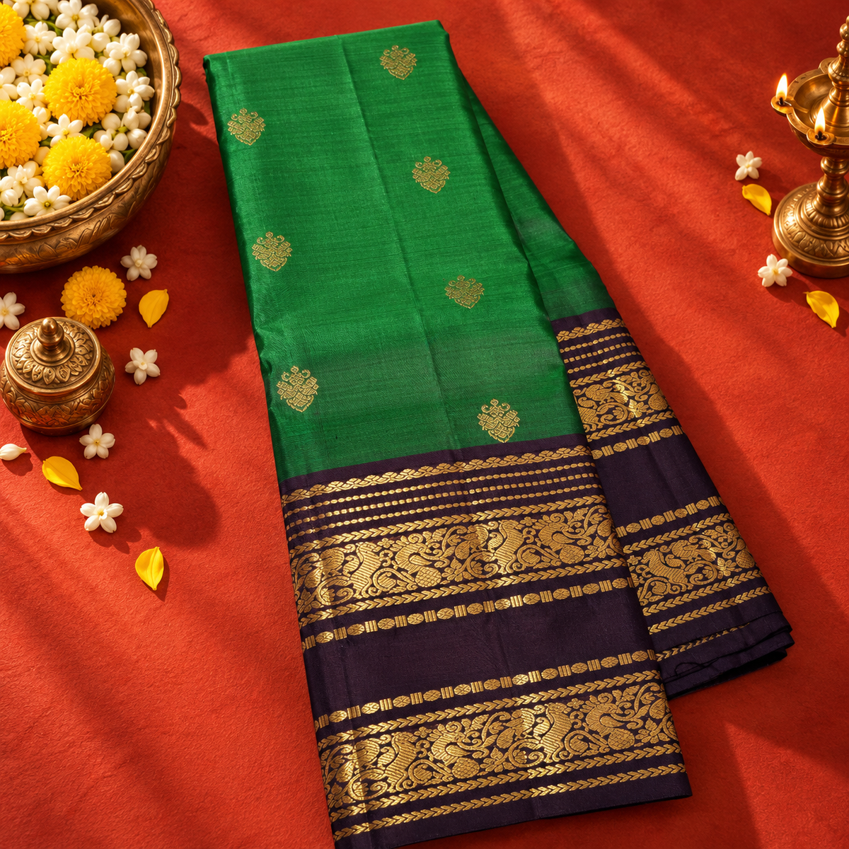 Emerald Green Colour Vintage Saree with Blue Border & Gold Zari